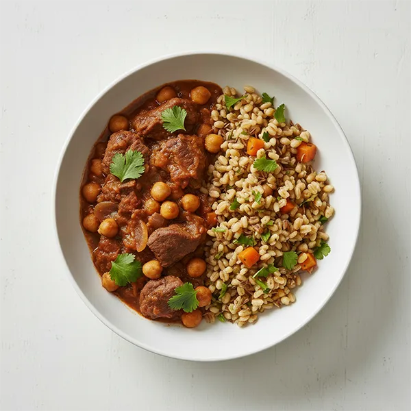 Beef & Chickpea Mfarakat with Barley & Cumin Pilaf